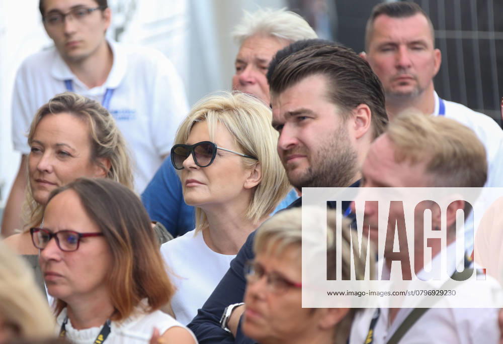 Carmen Fog with Son Gregor as Viewers before the Stage at Schlagerolymp the largest Schlager Open Air in Berlin Luebars on 10 08 2019 Berlin Germany