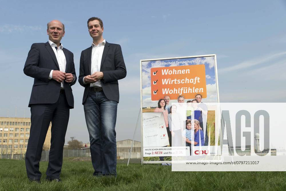 Presentation the CDU Poster campaign to Referendum Via the Future of Tempelhofer Field in Berlin with Kai Wegner, Secretary General, and the stadtentwicklungspolitischen Spokesperson the CDU Fraction, Stefan Evers, Berlin Germany, Germany