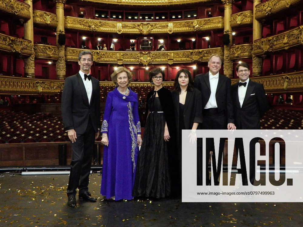 Paris Queen Sofia, Dance Director of the Paris Opera Jose Carlos Martinez, , President of Opera Garnier Alexander Neef, and Spanish Ambassador to France Victorio Redondo Baldrich pose on the balcony inside Garnier Opera House during the 150th anniversary gala of the Garnier Opera House in Paris, France. Â
