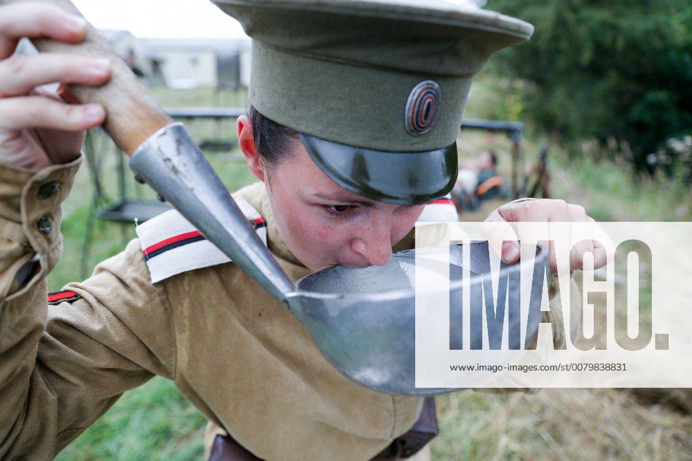 A participant in a historical reenactment of the 1914 Battle of Gumbinnen between the Russian and the German Armies on the Eastern Front of World War I. The battle reenactment is performed as part of the Battle of Gumbinnen military and historical festival near the village of Lermontovo. Vitaly Nevar TASS TS05BFEF