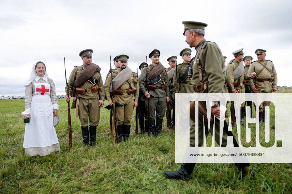 Participants in a historical reenactment of the 1914 Battle of Gumbinnen between the Russian and the German Armies on the Eastern Front of World War I. The battle reenactment is performed as part of the Battle of Gumbinnen military and historical festival near the village of Lermontovo. Vitaly Nevar TASS TS05BFF2