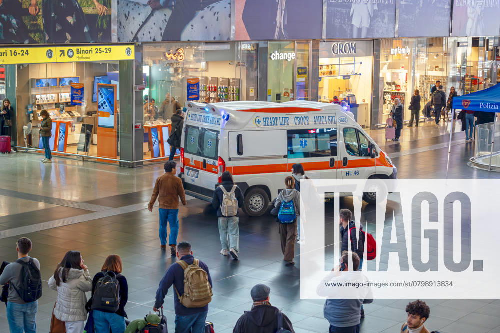 Ambulance rescue inside the Roma Termini railway station, in Italy. Rome, Italy - January 26, 2025: Inside Termini station, the capital s main railway hub, a man feels ill and an ambulance intervenes with health workers who provide first aid. Rome RM Italy