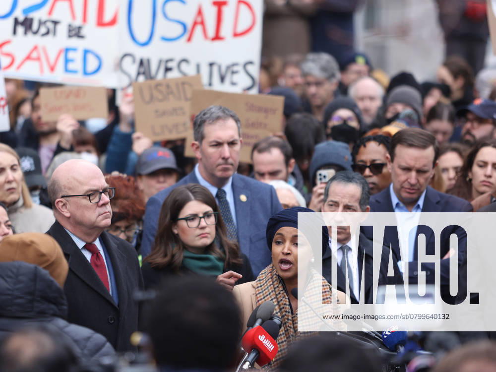 Employees and supporters gather to protest outside of the U.S. Agency for International Development (USAID) in Washington, District of Columbia, USA United States Representative Ilhan Omar (C) speaks during a protest outside of the U.S. Agency for International Development (USAID) headquarters in Washington, DC, USA on February 03, 2025. USAID employees have been instructed via an email to stay out of the agency s Washington headquarters on 03 February 2025, following a weekend take over and announcement by US billionaire Elon Musk that President Trump had agreed with him to shut the agency down. Washington DC USA