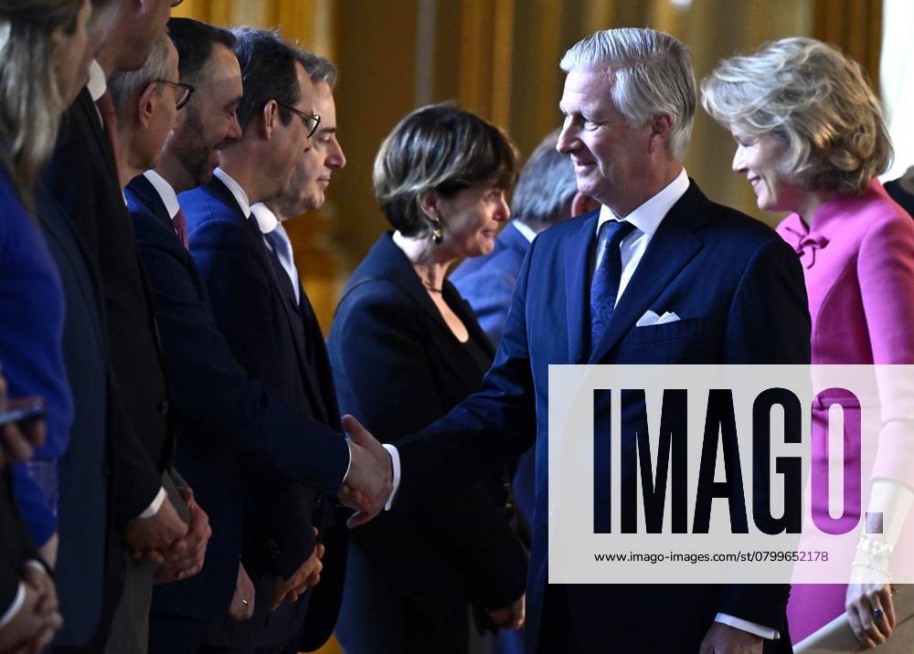 Prime Minister Bart De Wever and King Philippe - Filip of Belgium pictured during a New Year s reception organized by the Royal Family, at the Royal Palace in Brussels on Tuesday 04 February 2025. ERICxLALMAND 111747440