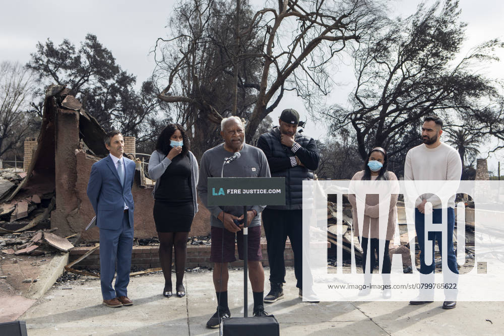 Lawyer Doug Boxer, L, Pastor BJ King, 3rd R, and Jordy Gonzalez,L, listen as Walter Butler, a local shoe store operator who lost his home in the Eaton Fire, speaks in a press conference held by LA Fire Justice to discuss its lawsuit against Southern California Edison. The event took place outside Butler s destroyed home in Altadena, California, on Feb. 4, 2025. Los Angeles USA - ZUMAc68_ 20250204_zaf_c68_001