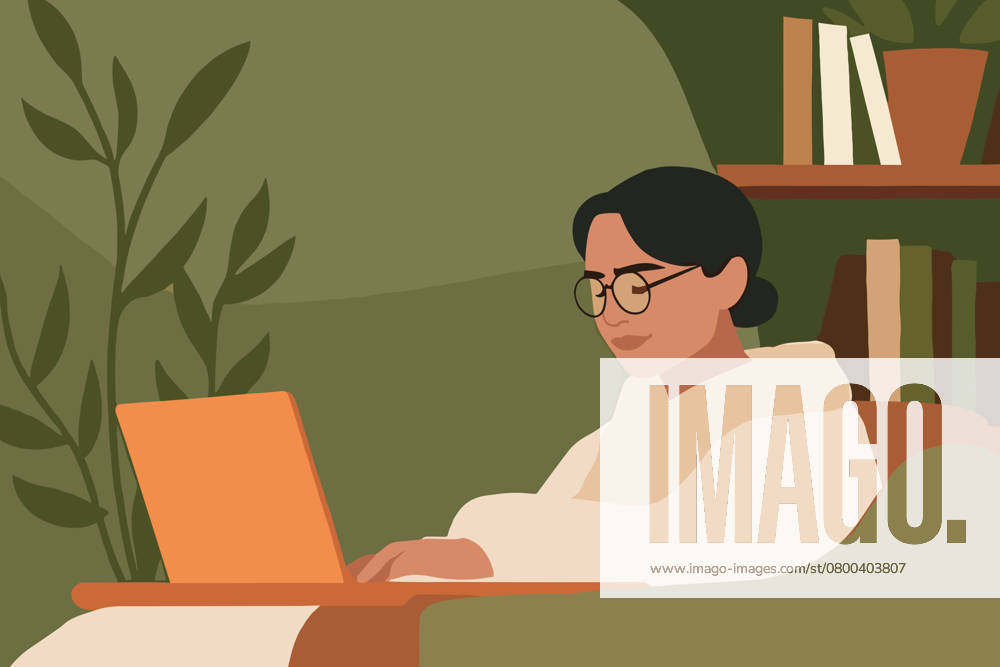 PR_ID26444_10534_BusinessIi.jpg A woman sits comfortably in a cozy corner, working on her laptop. Surrounded by plants and books, she is focused and engaged in her tasks., Property released Model Released AdalbertoRodriguez_ID26444_763069_009