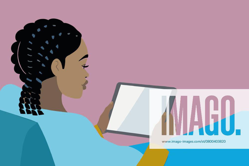 PR_ID26444_10534_BusinessIi.jpg An African American woman with braided hair sits comfortably, holding a tablet. She appears engaged in her activity, surrounded by a softly colored background that enhances the relaxed atmosphere., Property released Model Released AdalbertoRodriguez_ID26444_763071_011