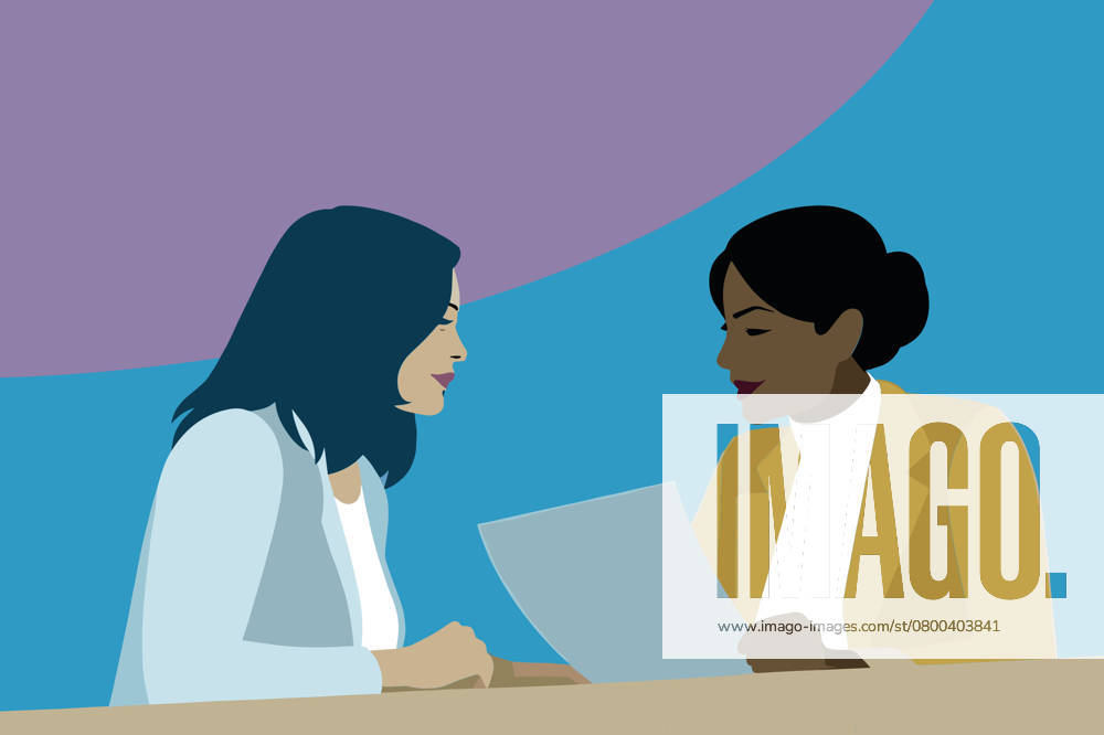 PR_ID26444_10534_BusinessIi.jpg Two women engage in a business discussion, reviewing a document together at a table, with a vibrant backdrop adding a modern touch to the setting., Property released Model Released AdalbertoRodriguez_ID26444_763075_015