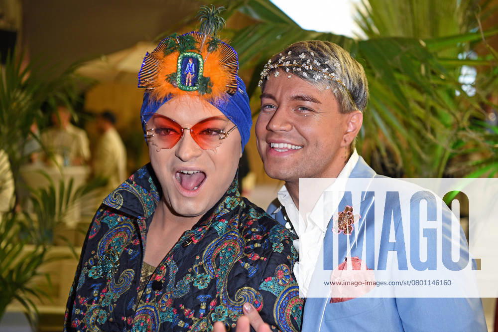 Julian F M Stöckel with friend Marcell Damaschke at the PROMIS UNTER PALMEN premiere at BeachMitte in Berlin on 10 02 2025