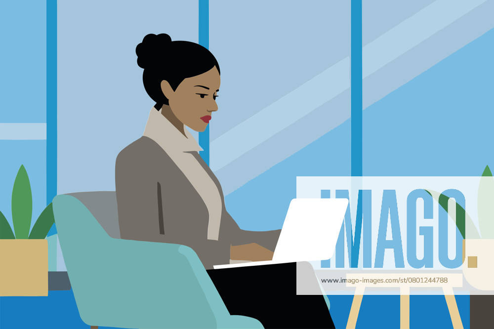 PR_ID26444_10534_BusinessIi.jpg A businesswoman concentrates on her laptop while seated in a stylish chair in a bright office space with large windows. Green plants enhance the atmosphere., Property released Model Released AdalbertoRodriguez_ID26444_763062_002