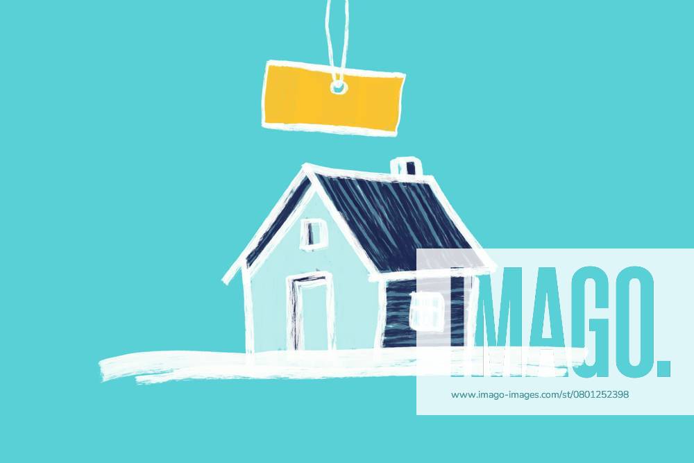 A creative illustration of a house with a yellow price tag on a turquoise background, symbolizing real estate, buying, selling, and home value concepts. Model Released HodeiUnzueta_ID26463_763614_010