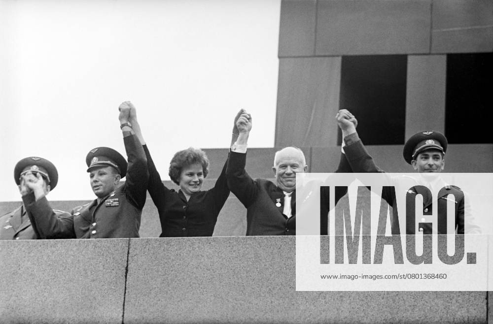 Moscow, USSR. Soviet cosmonauts Andriyan Nikolayev, first man in space Yuri Gagarin, first female cosmonaut Valentina Tereshkova, First Secretary of the Central Committee of the Communist Party of the Soviet Union, Chairman of the USSR Council of Ministers Nikita Khrushchev, and Soviet cosmonaut Valery Bykovsky (L-R) wave standing on the podium of Vladimir Lenin s Mausoleum on Red Square during a rally dedicated to a successful multi-day group space flight of V. Bykovsky and V. Tereshkova aboard Vostok 5 and Vostok 6 spacecrafts. Vasily Yegorov TASS 1542473