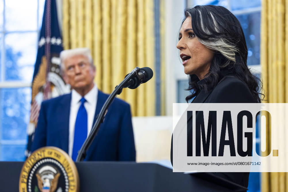Tulsi Gabbard, Director of National Intelligence (DNI) speaks after she took the Oath of Office in the Oval Office of the White House in Washington, DC, USA, 12 February 2025. Former Senate Minority Leader Mitch McConnell was the only Republican Senator to vote against her nomination.