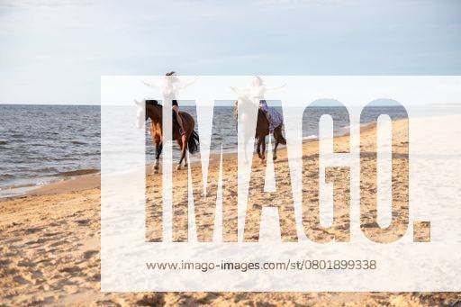 The two young female friends riding horses together on a sunny beach 20953015 ,model released, Symbolfoto RECORD DATE NOT STATED