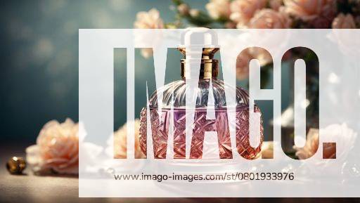 A beautifully crafted perfume bottle with a radiant pink hue, paired with delicate blush roses and golden accents on a teal background. 21437139 RECORD DATE NOT STATED