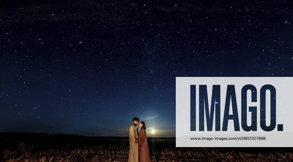 Ein Paar unter einem weiten Sternenhimmel, der ein Gefühl von Romantik und Wunder hervorruft A couple under a vast starry night sky, evoking a sense of romance and wonder