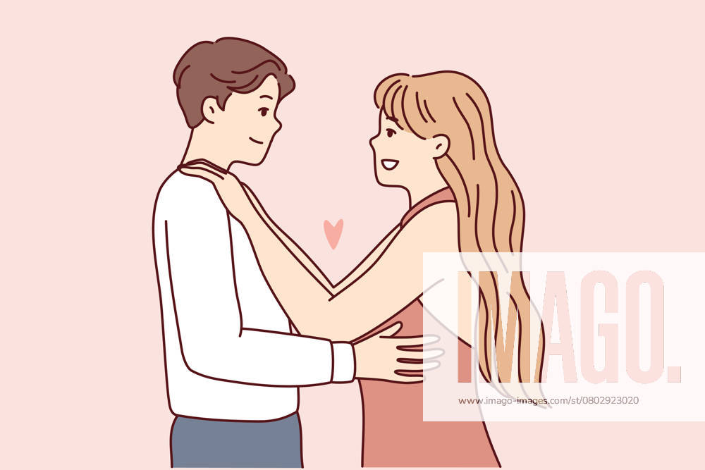 Glückliches, verliebtes Paar, das sich umarmt Happy couple in love hugging enjoy romantic date together. Smiling man and woman embracing showing affection and care. Relationship concept. Vector illustration.