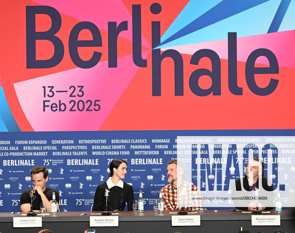 Irish actor Andrew Scott , American actress Margaret Qualley, actor Ethan Hawke and director Richard Linklater attend the press conference for Blue Moon at the 75th Berlin Film Festival in Berlin, Germany on Tuesday, February 18, 2025. BER20250218125 RUNExHELLESTAD