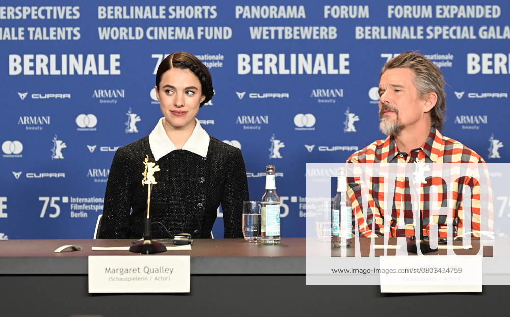 American actress Margaret Qualley and actor Ethan Hawke attend the press conference for Blue Moon at the 75th Berlin Film Festival in Berlin, Germany on Tuesday, February 18, 2025. BER20250218124 RUNExHELLESTAD