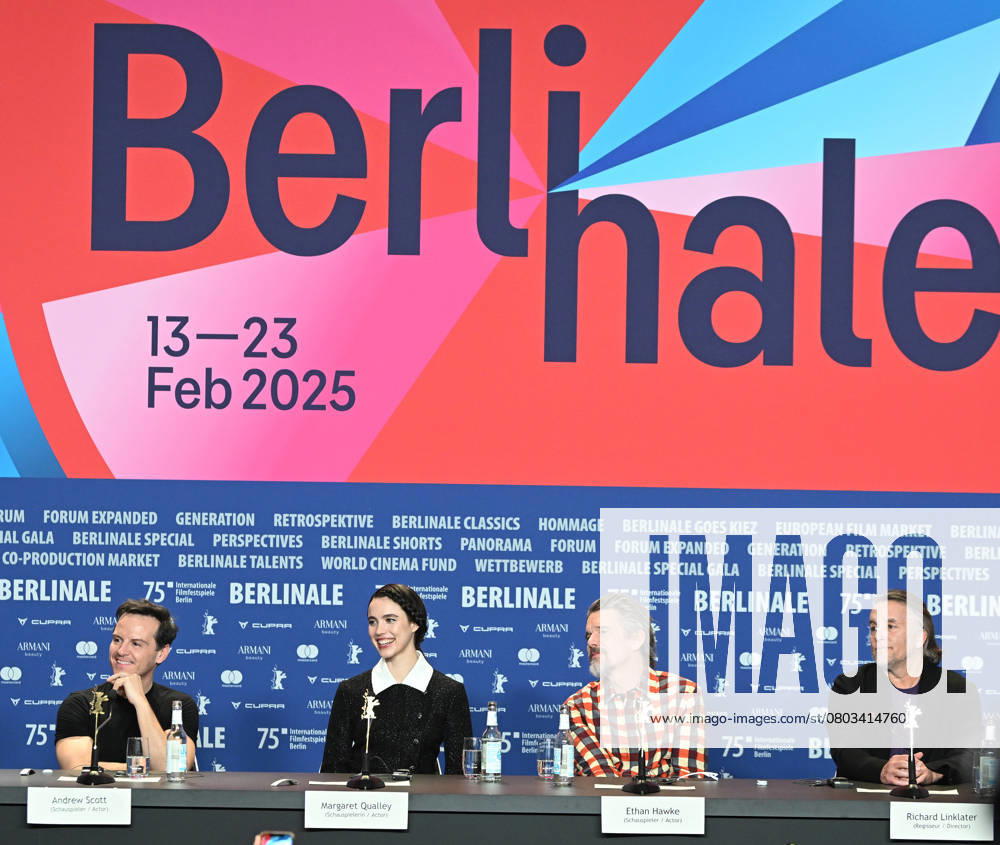 Irish actor Andrew Scott , American actress Margaret Qualley, actor Ethan Hawke and director Richard Linklater attend the press conference for Blue Moon at the 75th Berlin Film Festival in Berlin, Germany on Tuesday, February 18, 2025. BER20250218126 RUNExHELLESTAD