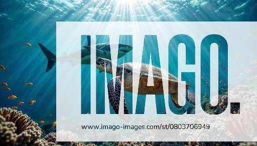 An underwater scene featuring a sea turtle and a shark swimming amid vibrant coral reefs with sunlight streaming through the water. 25679260 RECORD DATE NOT STATED