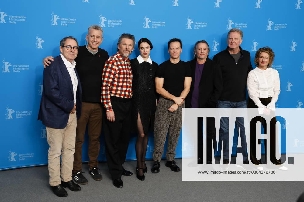 Guest, John Sloss, Ethan Hawke, Margaret Qualley, Andrew Scott, Richard Linklater, Mike Blizzard and Tricia Tuttle pose at the photocall of Blue Moon during the 75th Berlinale International Film Festival at Hotel Grand Hyatt in Berlin, Germany, on 18 February 2025. Photo: Berlin Germany - ZUMAm179 20250218_zep_m179_013
