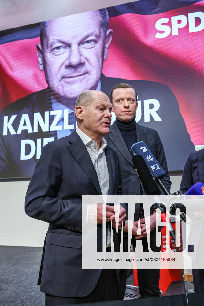 SPD Townhall Bundestag election campaign 2025 with the Federal Chancellor Interview for TV station Olaf Scholz SPD Federal Chancellor left Adis Ahmetovic SPD , Candidate for the Bundestag election 2025 and Member of the Bundestag MdB 30659 Hannover Swiss Life Career Campus Lower Saxony, Hannover Region Germany
