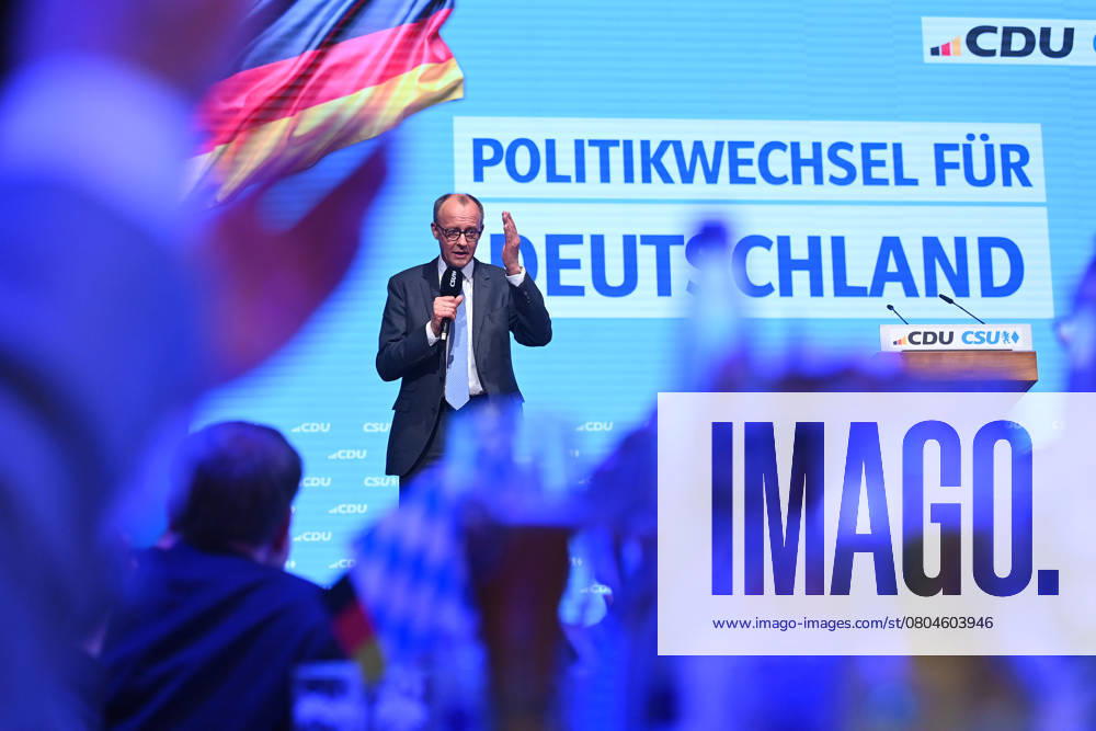 Friedrich Merz CDU chairman and candidate for chancellor during his speech CDU CSU closing rally for the Bundestag election on 22 02 2025 in the Loewenbraeukeller in Munich,