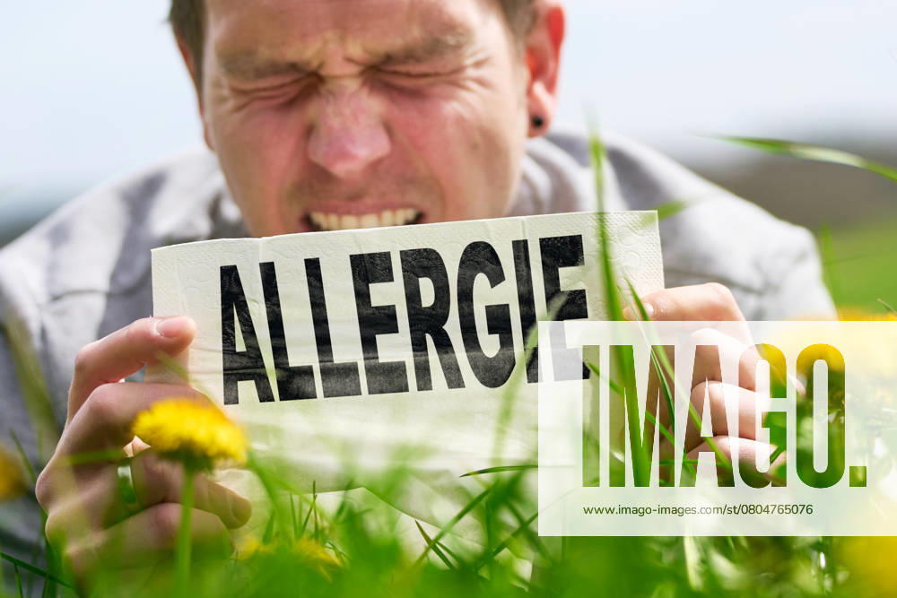 PHOTOMONTAGE, a man holds a handkerchief with the word Allergy while squinting his eyes. Pollen and grass in the air trigger a strong reaction. Itching, sneezing and watery eyes.