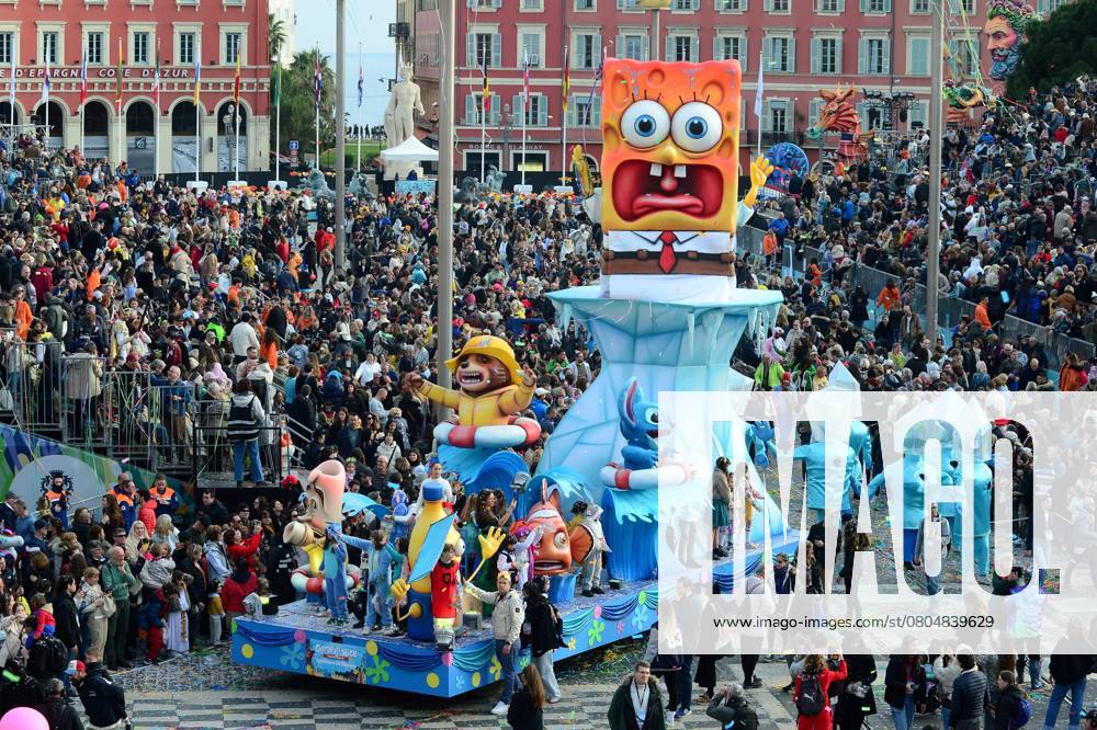 CARNAVAL DE NICE 2025 PHOTOPQR NICE MATIN photo ABJ Nice 23 02 2025 Place Masséna corso carnvalesque NICE CHAR 13 SpongeBob Nice, France, feb 23rd 2025 Nice Carnival king of oceans Nice France
