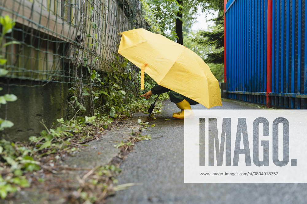 Playful child with yellow umbrella and boots exploring outdoors in the rain model released, Symbolfoto, NDEF02199
