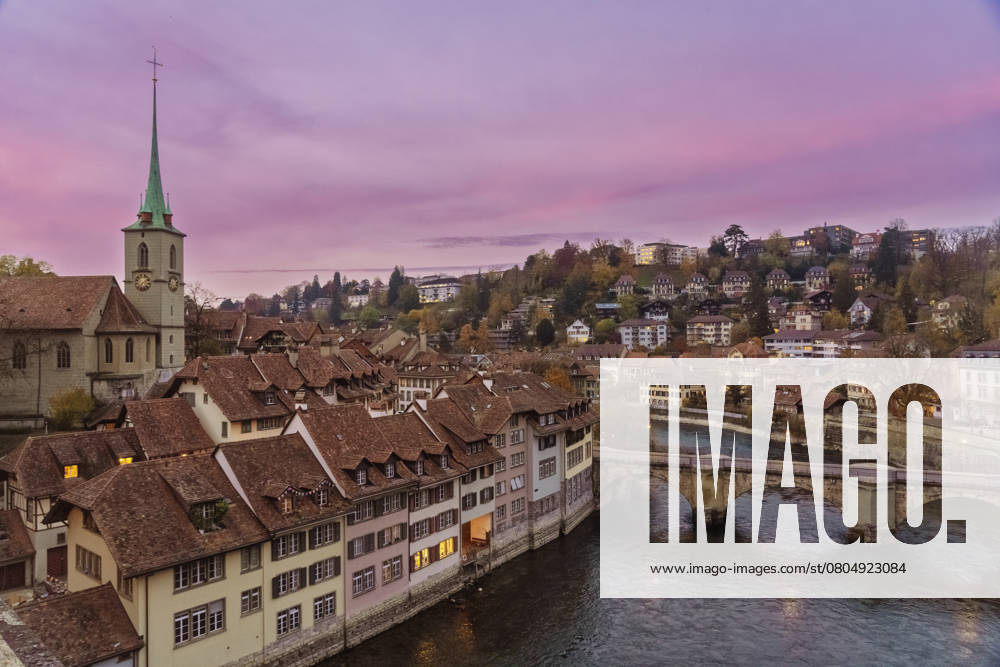 Cityscape of Bern with autumn trees and a pink sunset sky, Bern Switzerland TAMF04706