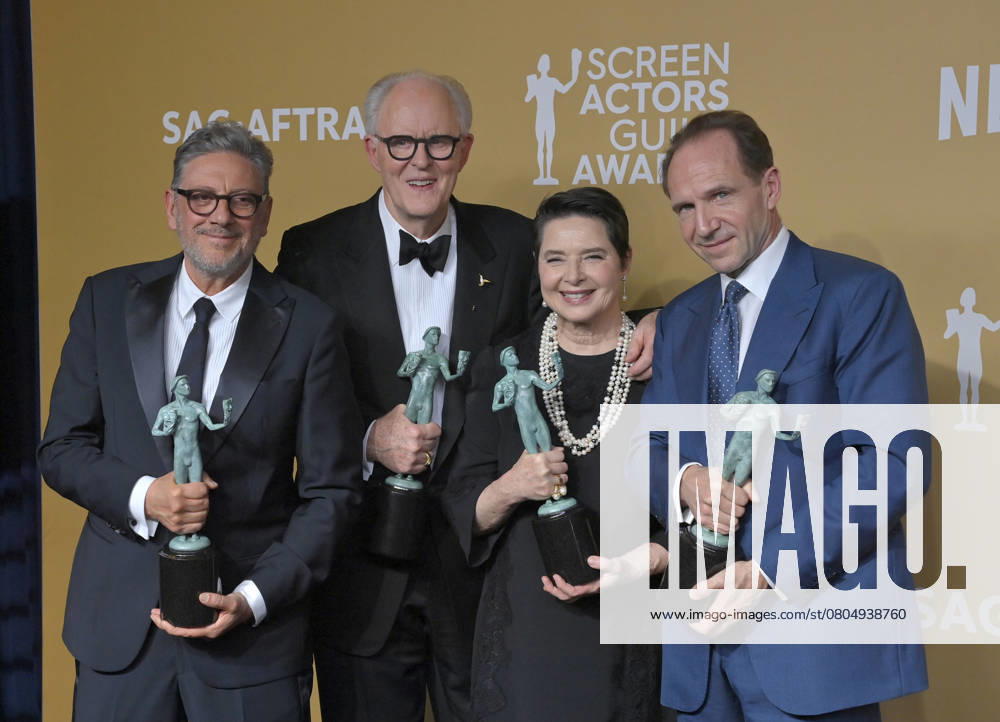 (L-R) Sergio Castellitto, John Lithgow, Isabella Rossellini, and Ralph Fiennes, winners of the Outstanding Performance by a Cast in a Motion Picture award for Conclave, appear backstage during the 31st annual SAG Awards held at the Shrine Auditorium in Los Angeles on Sunday, February 23, 2025. LAP20250223610 JIMxRUYMEN