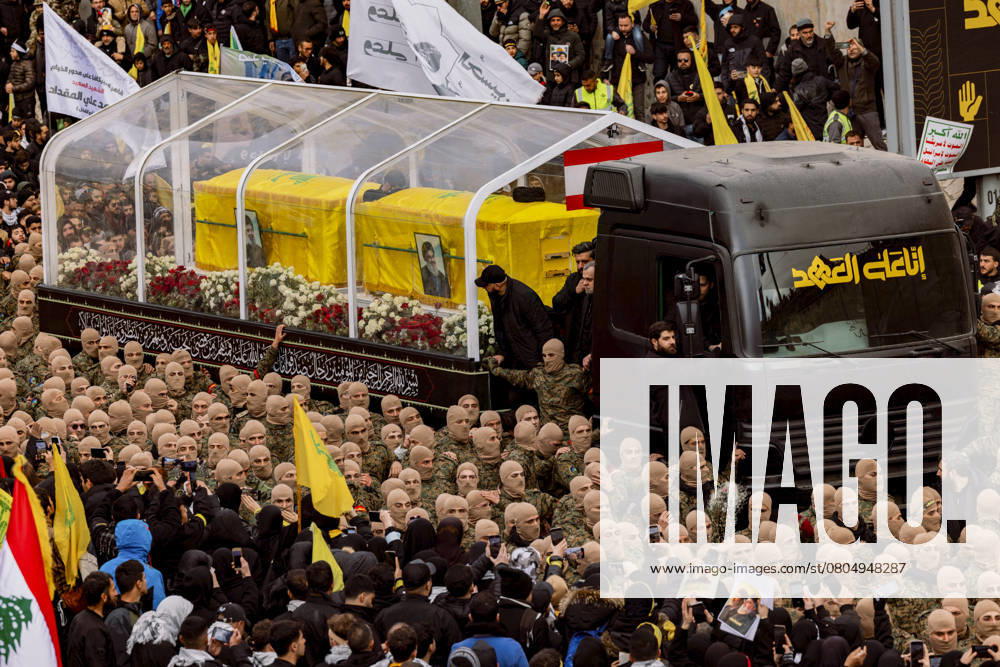 Hassan Nasrallah Funeral Coffins of the former Hezbollah leader Hassan Nasrallah and Hashem Safieddine, who were killed in Israeli attacks last year, are carried on a vehicle, as tens of thousands of mourners attend their funeral in Beirut, Lebanon on February 23, 2025. Beirut Beirut Lebanon