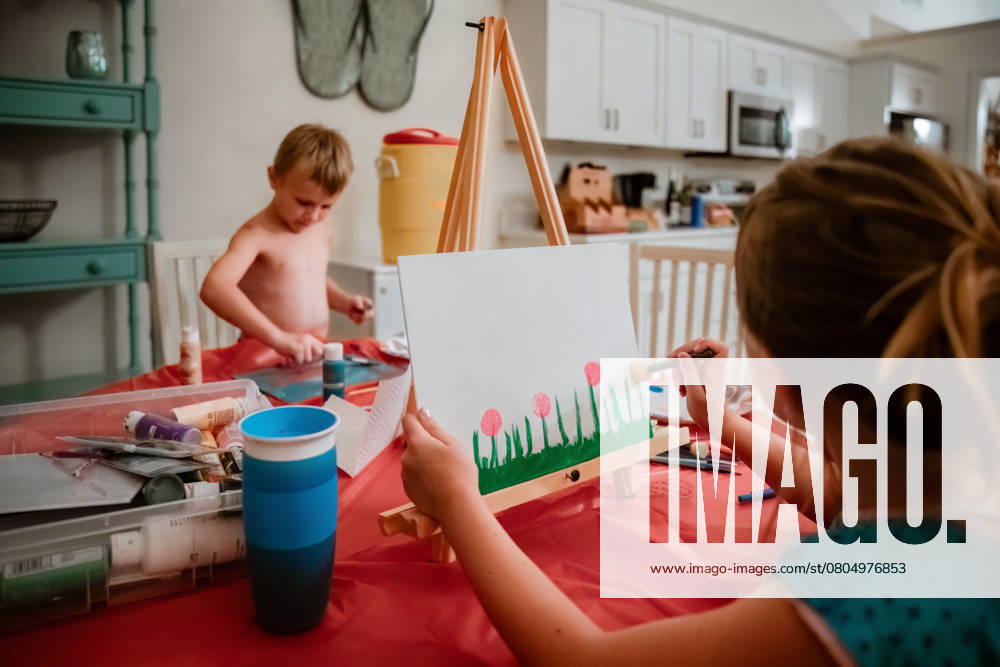 IMAGO Creative, Jahreszeit Sommer, Sommerferien Kids painting in home at dining room table Edisto Island, South Carolina, United States CR_WEKW250221-1658548-01 ,model released, Symbolfoto