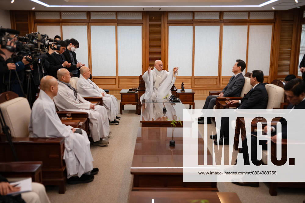 Lee Jae-myung, Leader Of The Democratic Party Of Korea, Visits Jinwoo, President Of The Jogye Order Jinwoo (center), president of the Jogye Order of Korean Buddhism, meets with Lee Jae-myung (right), leader of the Democratic Party of Korea, at the Korean Buddhist History and Culture Memorial Hall in Jogyesa Temple, Jongno District, Seoul, on February 24, 2025. Seoul South Korea