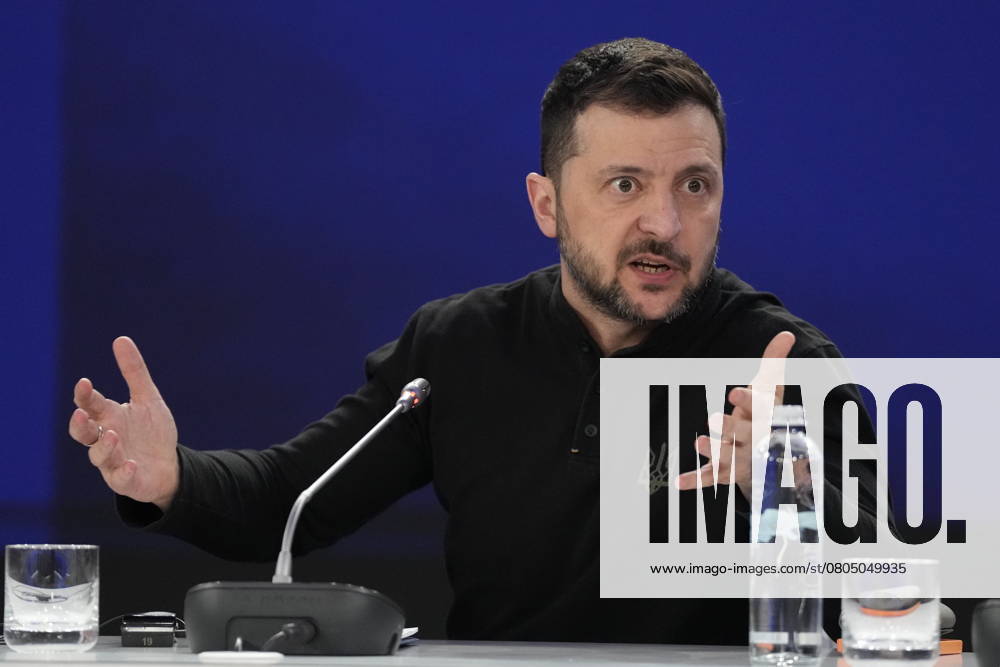 Ukrainian President Volodymyr Zelenskyy gestures during a news conference at a security summit in Kyiv, Ukraine, Monday, Feb. 24, 2025. Kyiv Ukraine - ZUMAc35_ 20250224_zaf_c35_014