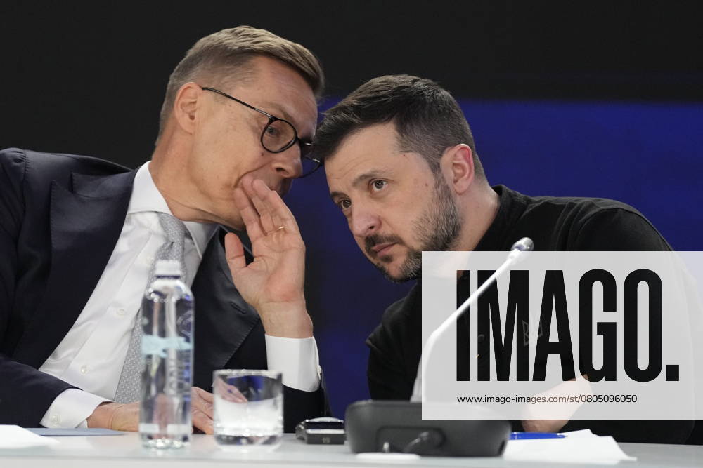 Ukrainian President Volodymyr Zelenskyy listens to Finland President Alexander Stubb during a news conference at a security summit in Kyiv, Ukraine, Monday, Feb. 24, 2025. Kyiv Ukraine - ZUMAc35_ 20250224_zaf_c35_097