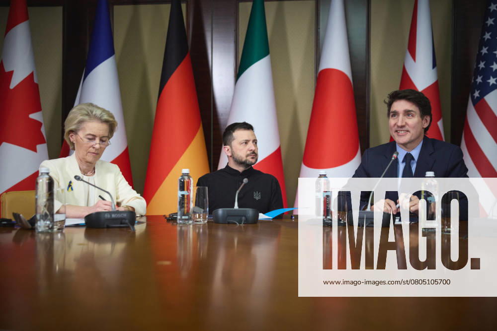 Left to right: European Commission President Ursula von der Leyen, Ukrainian President Volodymyr Zelenskyy, and Canadian Prime Minister Justin Trudeau, take part in a hybrid G7 leaders meeting on the 3rd anniversary of the Russian invasion, February 24, 2025 in Kiev, Ukraine. Kiev Ukraine - ZUMAp138 20250224_zaa_p138_022