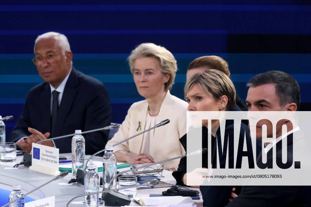 President of the European Council Antonio Costa, President of the European Commission Ursula von der Leyen, Prime Minister of Denmark Mette Frederiksen, Prime Minister of Iceland Kristrun Frostadottir, Prime Minister of Spain Pedro Sanchez (L to R) take part in the Support Ukraine Summit, Kyiv, Ukraine, on February 24, 2025 (Photo by Pavlo Bahmut Ukrinform) Support Ukraine summit with participation of EU leaders and partner states takes place in Kyiv