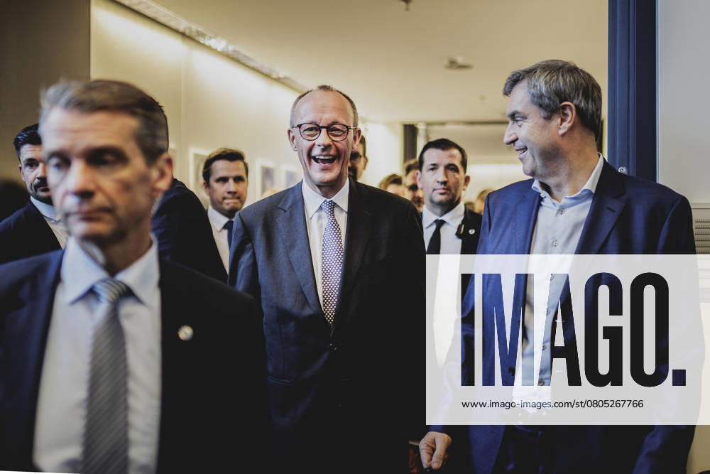 L R Friedrich Merz, CDU party leader and candidate for chancellor, and Markus Soeder, State Premier of Bavaria, pictured before the constituent parliamentary group meeting of the CDU CSU after the Bundestag elections in Berlin, 25 02 2025 Berlin Germany