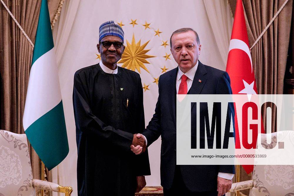 Ankara, Turkey - Turkish President Recep Tayyip Erdogan (R) shaking hands with Nigerian President Muhammadu Buhari during a meeting at the presidential palace in Ankara, Turkey, on 19 October 2017. Ankara Turkey - ZUMAn230 20171019_zaa_n230_314