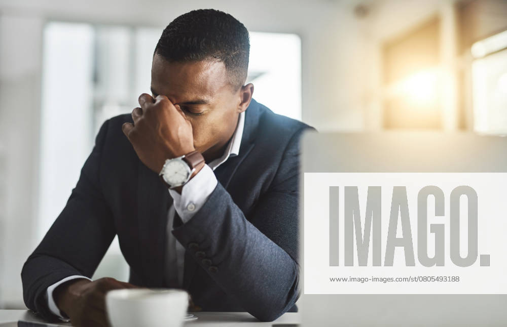 Business, headache and man in office, stress and overworked with deadline. Person, employee and accountant in workplace, migraine and frustrated with anxiety, tax review and burnout with pain. model released property released