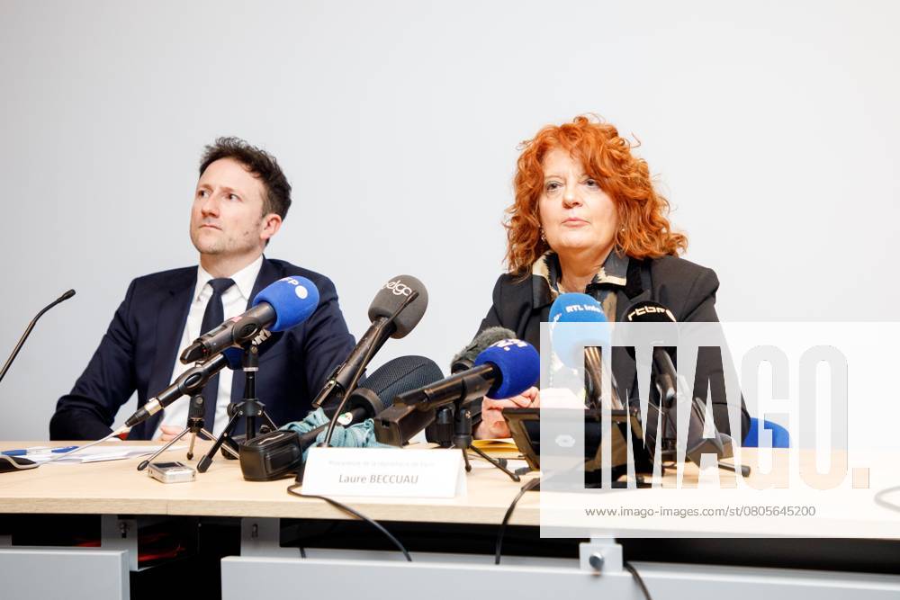 Brussels King s Prosecutor Julien Moinil and Prosecutor of the Republic at the Paris Judicial Court Laure Beccuau pictured during a press conference regarding the arrest of French-Italian criminal Antonio Ferrara, Friday 28 February 2025, at the Belgian federal police headquarters, in Brussels. Ferrara was arrested Yesteday with seven others in Eupen during a joint operation executed by French and Belgian police. The group allegedly planned a robbery on a secured cash depot in Germany. Ferrara is known as the escape king for having escaped from prison twice. HATIMxKAGHAT 113649663