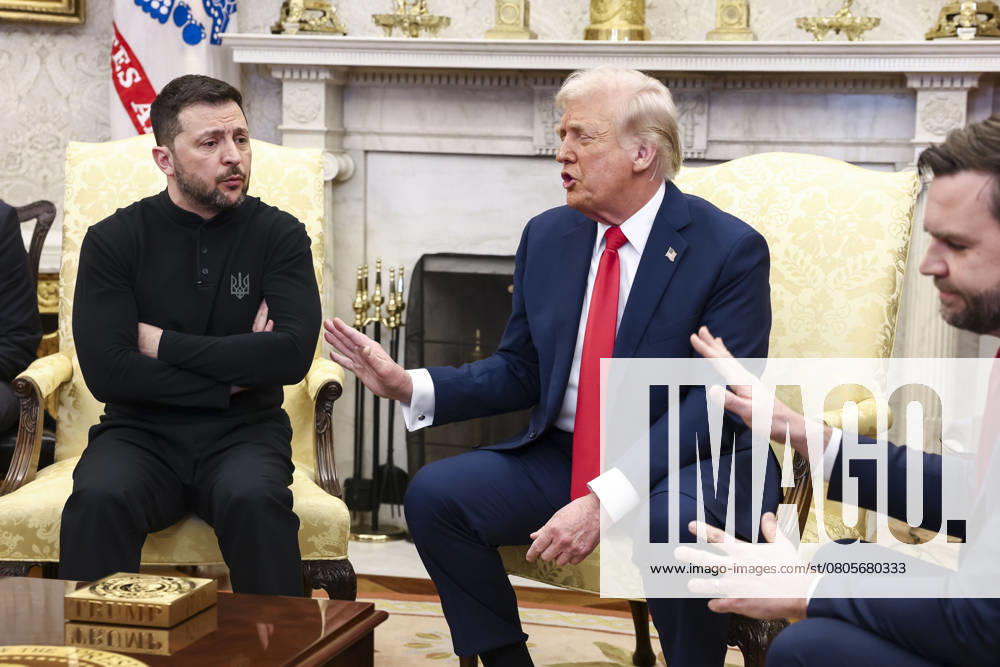 Ukrainian President Volodymyr Zelensky (L) talks with US President Donald Trump (C) and US Vice President JD Vance (R) in the Oval Office of the White House in Washington, DC, USA, 28 February 2025. Zelensky is in Washington to sign the framework of a deal, pushed by President Trump, to share Ukraines’s mineral wealth with the US.