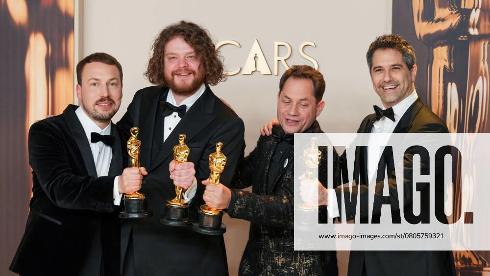 Gints Zilbalodis, Matiss Kaza, Ron Dyens, and Gregory Zalcman (L-R) of Flow celebrate their Oscar for best animated feature film during the 97th Academy Awards in the Hollywood section of Los Angeles on Sunday, March 2, 2025. LAP20250302106 PATxBENIC