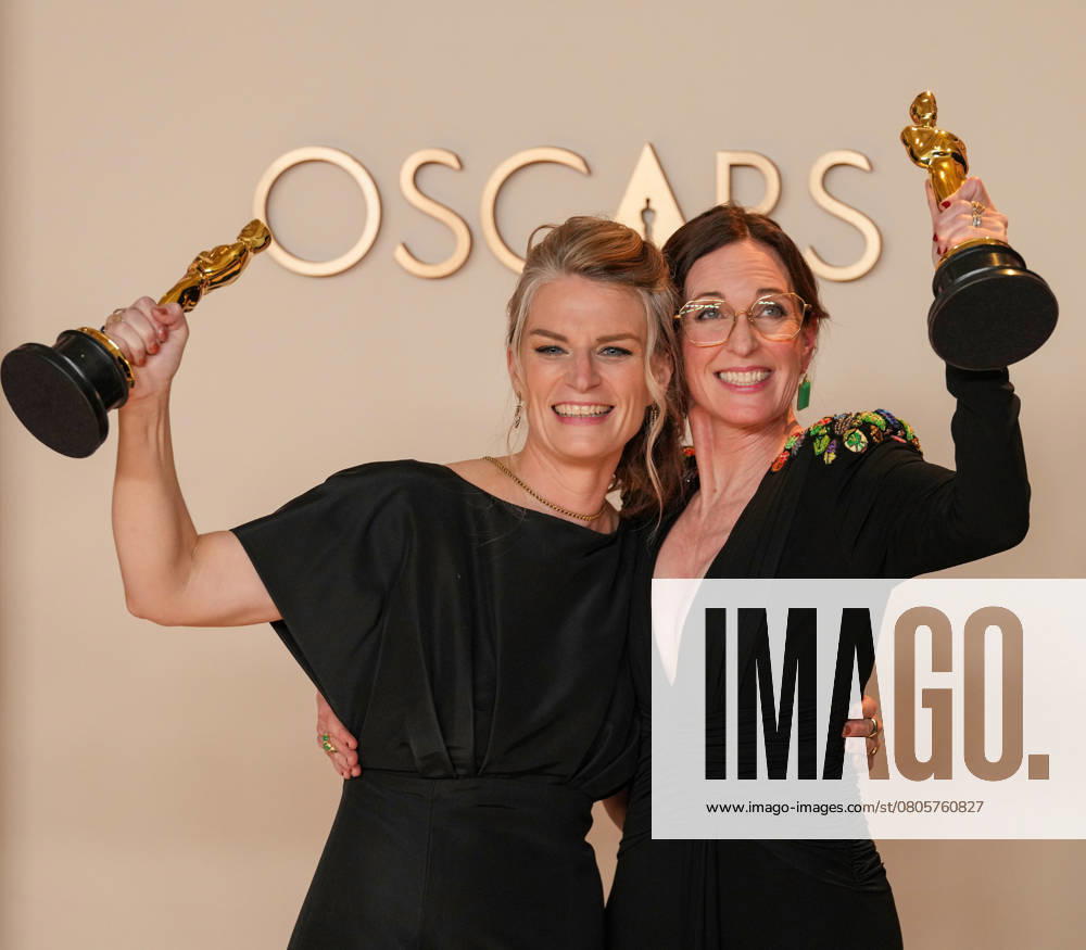 Lisa Remington and Molly O Brien of The Only Girl in the Orchestra celebrate backstage after winning the Oscar for best documentary short film during the 97th Academy Awards in the Hollywood section of Los Angeles on Sunday, March 2, 2025. LAP20250302131 PATxBENIC