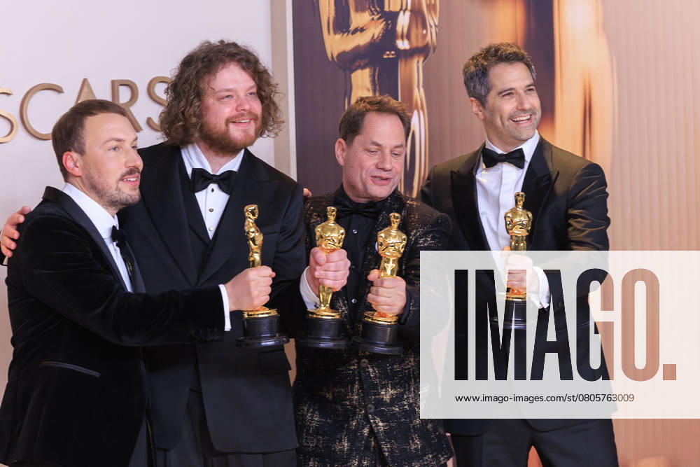 (L-R) Gints Zilbalodis, MatÄÂ«ss KaAÂ¾a, Ron Dyens, and Gregory Zalcman, winners of the Best Animated Feature Film for Ã¢â‚¬oeFlowÃ¢â‚¬Â, pose in the press room of the 97th Annual Academy Awards on Sunday March 2, 2025 at the Dolby Theater in Hollywood, California. BURT HARRIS BNS PI Hollywood USA - ZUMAp124 20250302_zaa_p124_334