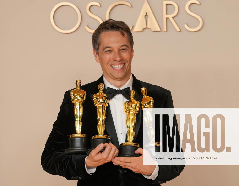 Sean Baker of Anora celebrates backstage after winning Oscars for best original screenplay, best film editing, best director, and best picture during the 97th Academy Awards in the Hollywood section of Los Angeles on Sunday, March 2, 2025. LAP20250302167 PATxBENIC