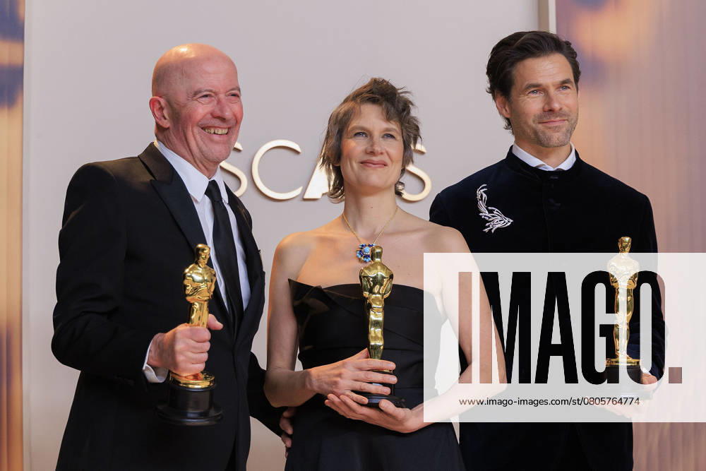 (L-R) Jacques Audiard, Camille and Clo ment Ducol, winners of the Best Original Song for â€oeEmilia Po rezâ€Â, pose in the press room of the 97th Annual Academy Awards on Sunday March 2, 2025 at the Dolby Theater in Hollywood, California. BURT HARRIS BNS PI Hollywood USA - ZUMAp124 20250302_zaa_p124_399